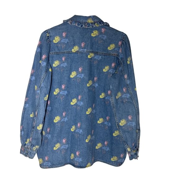 Ganni Printed Indigo Frill Collar Shirt Womens Size 44 US 14 Cottagecore Femme - Picture 13 of 13